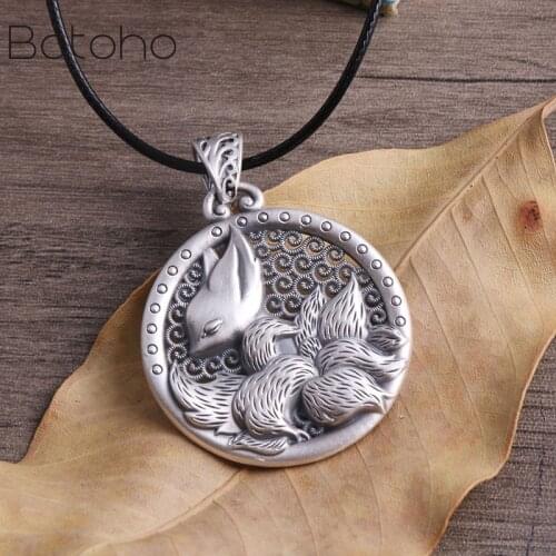 Real S999 pure silver nine-tailed fox pendant for woman necklace pendant vintage sweater chain woman pendant silver