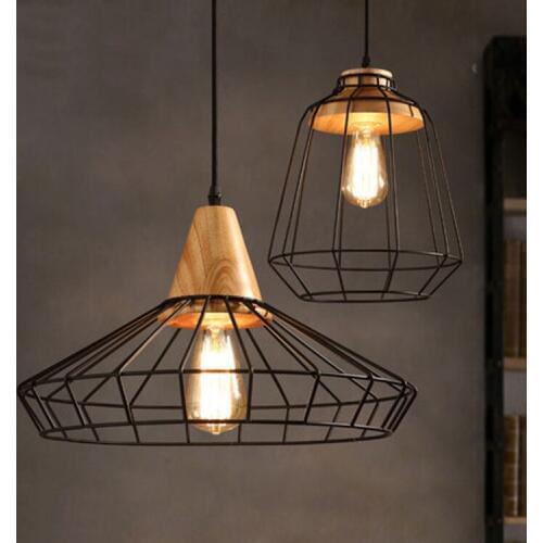 Nordic retro wire mesh cage pendant light restaurant coffee shop solid wood iron mesh hanging lamp