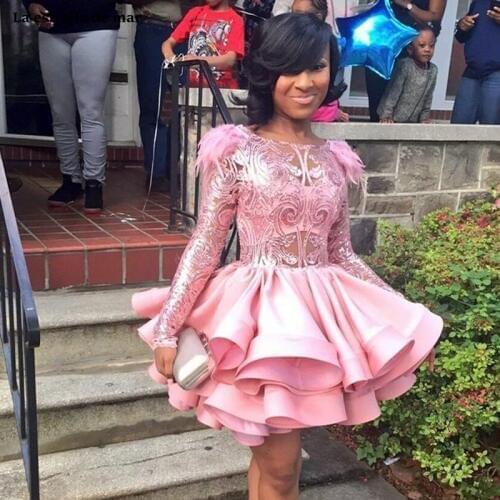 Pink Tiered Short Feather Cocktail Dresses Long Sleeves Sheer Jewel Neck Sequined Prom Party Dress ForBall Gown