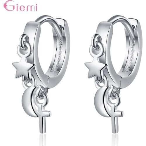 Fashion Trendy 925 Sterling Silver Cross Star Moon Hoop Earrings For Women Girl Birthday Party Earring Fine Jewelry Pendientes