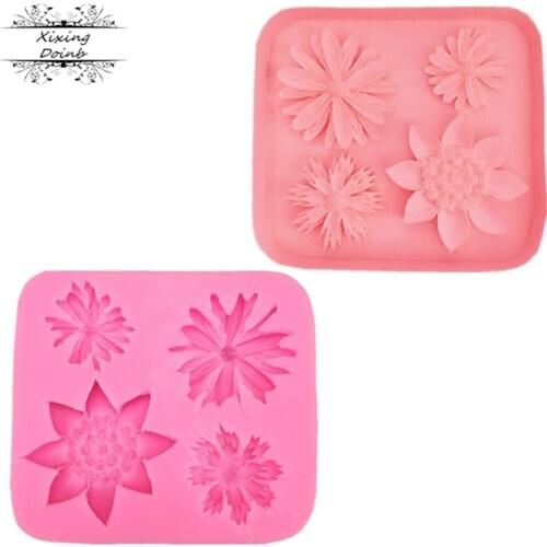 Four different flower shapes of silicone mold DIY fudge cake decoration tools chocolate baking mold
