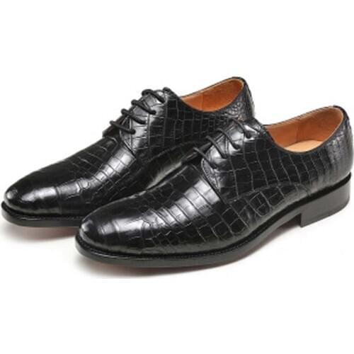 Linshe crocodile Mens shoes manual Leather shoes pointed Wedding shoe business black Leather shoes men dress shoes