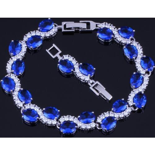 Admirable Oval Egg Dark Blue Cubic Zirconia White CZ Silver Plated Link Chain Bracelet 18cm 20cm V0056