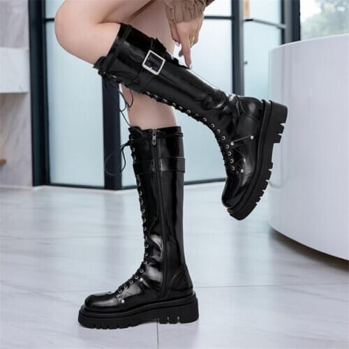 PXELENA Hot Women Knee High Riding Knight Boots Buckle Lace Up Rivet Chunky Platform Military Combat Motorcycle Long Boots 34-43
