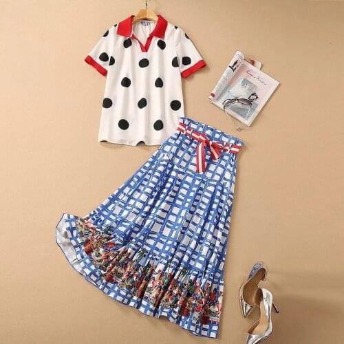 Womens Set 2021 Spring Summer Fashion Skirt Suit Ladies Turn-down Collar Polka Dot Print Tops Blouse+African Prints Skirt Sets