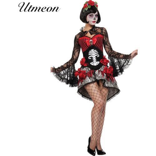 Sexy Day Of The Dead Costumes Skull Bride Halloween Costumes for Women Scary Skeleton Costume