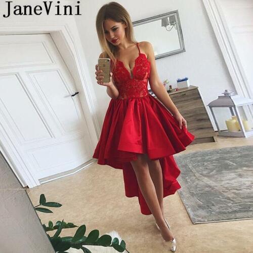 JaneVini 2019 High Low Women Cocktail Dresses Short Front Long Back Cocteleria Red Sexy Lace V Neck Ruffles Satin Prom Gowns