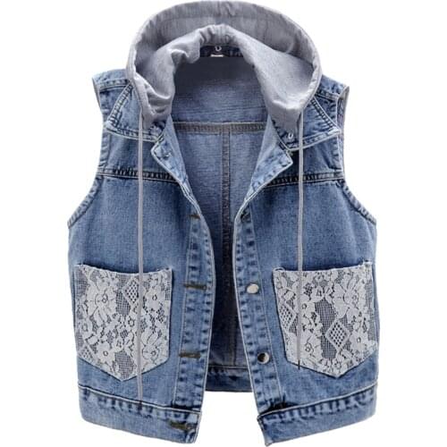 Large size 5XL Women Short Denim lace pocket Hooded Coat Spring Autumn Slim Sleeveless Jeans Jacket Casual Tops