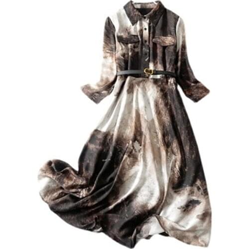 2021Summer Runway Vintage ink printed midi dresses long sleeve turn down collar shirt dress Elegant Vestidos