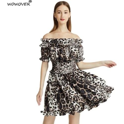 Fashion Runway Womens Slash Neck Vintage Sexy Leopard Print Dress for Summer Short Sleeve Clothes Elastic Waist Beach Vestidos