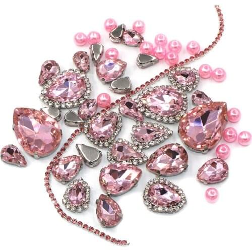 Handmade Accessories Pink Drop Shape Mix Size Glass Crystal Strass Pearl Beads Cup Chain Rim Sew On Rhinestones For Clothing