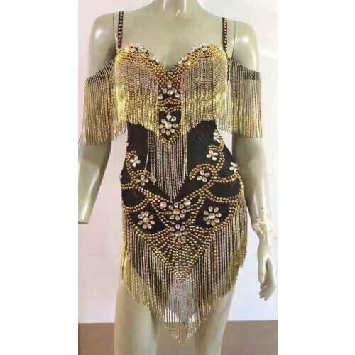 Sparkly Rhinestone Chain Transparent Bodysuit Women Prom Party Birthday Celebrate Outfit Sexy Nightclub Stage Wear Dance Costume