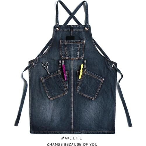 Apron denim home kitchen work clothes custom logo barista milk tea shop baking fashion Korean style simple female