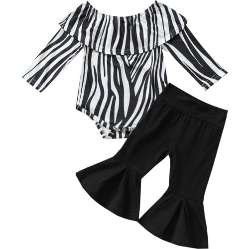 2021 0-24M Baby Girls Clothing Set Autumn Zebra Print Boat Neck Long Sleeve Romper+Solid Color Bell-bottomed Pants Set 2pcs