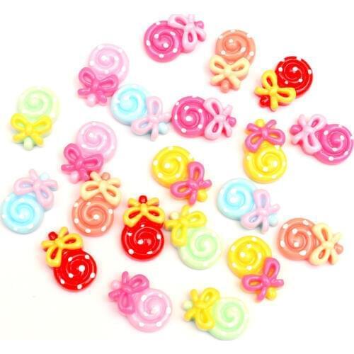 LF 50Pcs Mixed Resin Lollipop With Bow Decoration Crafts Flatback Cabochon Embellishments For Scrapbooking Cute Diy Accessories