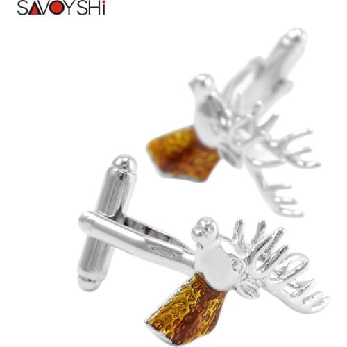 SAVOYSHI Mens Brand Cufflinks for Mens French Shirt Cuff buttons Brown Enamel Deer Cuff Links Christmas Gift Free Custom Name