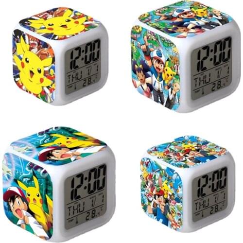 2021 New Pokemon Pikachu Anime Character Luminous LED Colorful Flash Alarm CLock Desk Light with Temperature Action Toy for Kid