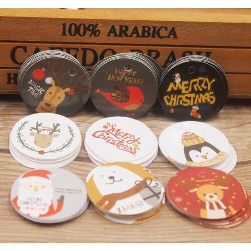 New 3*3cm circle shape 100pcs white /black /yellow christmas paper gift hang tag for christmas favors/baby toy display package
