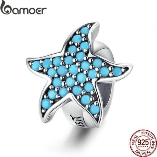 Bamoer Blue Starfish Stopper Charm Silver 925 Original Beads fit Women Bracelet & Bangle Zirconia Charm with Silicone SCC1313