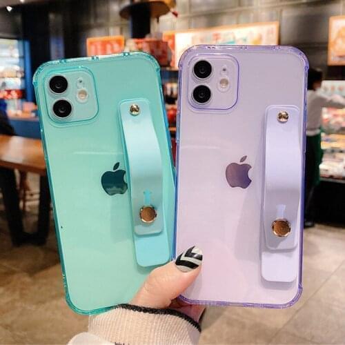 Ottwn Candy Color Clear Wrist Strap Phone Case For iPhone 12 Pro Max 11 Pro Max X XR XS Max 7 8 Plus SE 2020 Soft TPU Back Cover