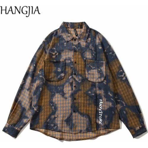Tie-dye Splash Ink Hip Hop Shirts Harajuku Streetwear Letter Graffiti Cotton Loose Casual Plaid Shirt for Men Women Thining 2021