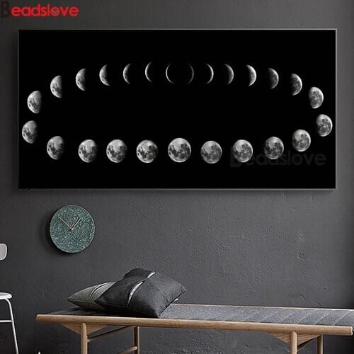 Needlework,DIY Diamond painting large Cross stitch,Diamond Embroidery Black White Lunar Eclipse Moon Phases Landscape patterns