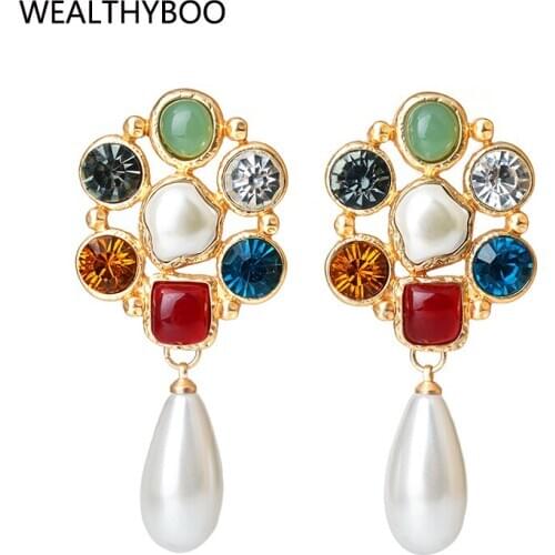White Pearl Pendant Earrings Chunky Colorful Rhinestone Geo Statement Stud Earring Party Metal Flower Earring for Wedding