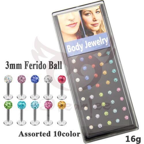 Showlove 40Pcs/Box New Multigem Ferido Crystal Epoxy Ball Resin Coating Lip Ring Labret 16g