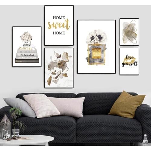 Modern Abstract Poster Perfume Flower Book Fashion Print Canvas Painting Golden Wall Art Picture for Girl Room Decoration