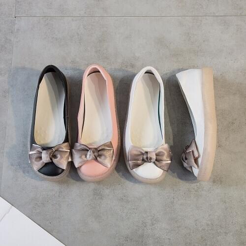 Tiloco Shallow Women Flat Shoes Woman Genuine Leather Boat Shoes Womens Ballet Flats Spring Female Bow-Knot Slip-On Espadrilles