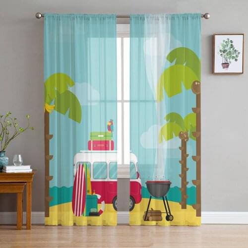 Camping Car Beach Cartoon Trees Sea Tulle Sheer Window Curtains for Living Room Kitchen Children Bedroom Voile Hanging Curtain
