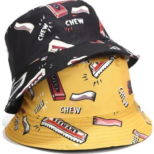Street Harajuku Hip Hop Bucket Cap Chewing Gum Print Reversible Bucket Hats For Men Women Summer Fisherman Hat Gorro Pescador