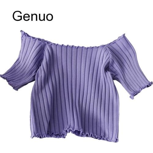 Women T-shirt Off Shoulder Knitting Crop Tops Women Fashion Solid Short Sleeve Skinny T-shirts Women 2020 Summer