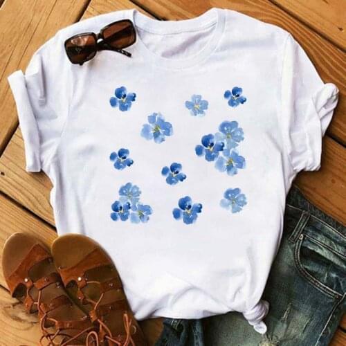 Maycaur Korean Women T Shirt Fashion Blue Flower Print Vintage Tshirt Funny Floral T-shirt Harajuku Summer Tee Shirt Femme Tops