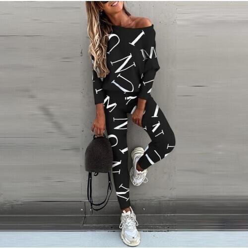 Women Autumn Casual Loose Letter Printed Long Sleeve Blouse Skinny Pants Outfit HOT SALES 2021