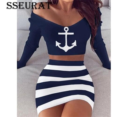SSEURAT Women Dress Sets Fashion Slash Neck Striped Print Ladies Dresses 2021 Spring Long Sleeve Slim Fit Bodycon Party Dress