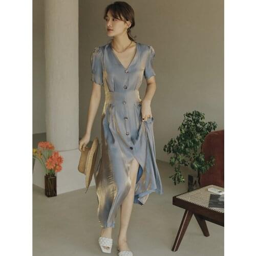 Summer Womens French Retro V-neck Streamer Super Fairy Split Temperament Mermaid Ji Elegant Simple Dress Female