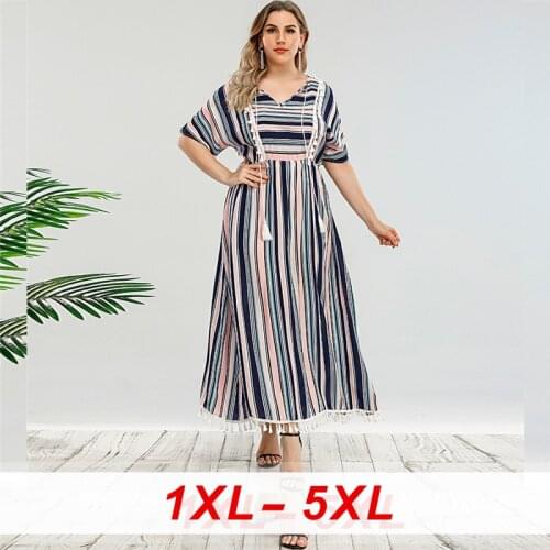 Vintage Striped Print Maxi Dress Women Plus Size Clothes V-Neck Tassel Half Sleeve Loose Empire Big Swing Long Dresses Ladies