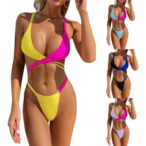 2021 Women Summer Bikini Suit Bathing Suit Cross Match Color Spaghetti Strap Padded Tops+slit Low-waist Briefs Swimsuits