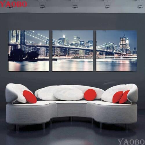 3PCS Diamond Embroidered 5D DIY Diamond Painting City Night view Bridge Cross-stitch full round Rhinestone Decoration Mosaic Kit
