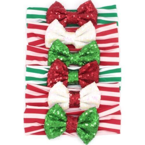 6pcs/lot Christmas Gift Headband 4'' Big Sequin Bow Striped Elastic Headband For Girls And Kids Christmas Hair Accessories