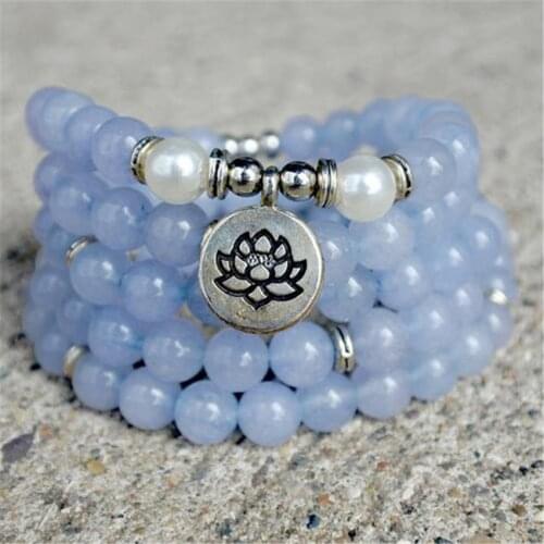 8mm Aquamarine 108 Beads Gemstone Mala Necklace Bracelet Japa Wristband Religious Spiritua Classic