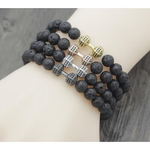 8mm ty43 Dumbbell gold cz zircon cubic zirconia elastic adjusted black volcanic lava Bracelet bead essential oils diffuser