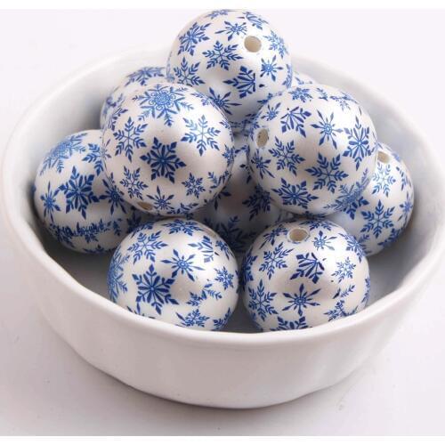 AAA Quality Fashion 20MM 100pcs/lot chunky acrylic Printing Blue Snowflake Imitation pearl Beads For Kids Chunky Jewelry