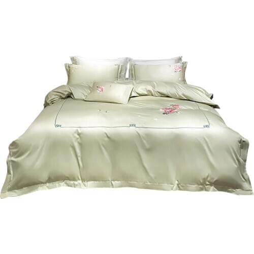 Caiyitang 4 pieces smooth soft silk like bedding set peony embroidery bed quilt cover luxurious concise style duvet cover set