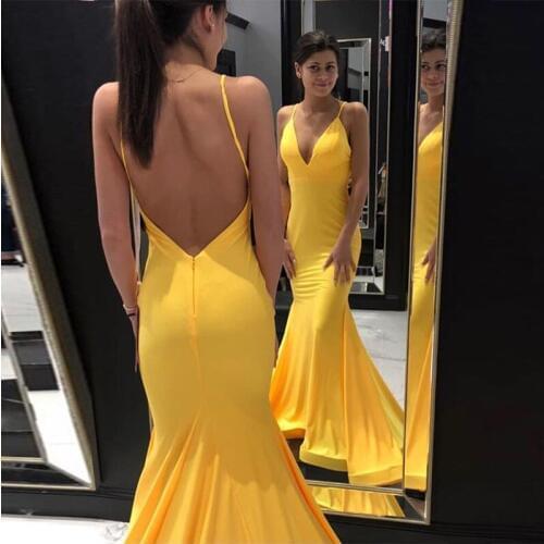 Long Yellow Evening Dresses V-neck Spaghetti Straps Backless 2019 Formal Party Gowns Mermaid Style Evening Dress Robe De Soiree