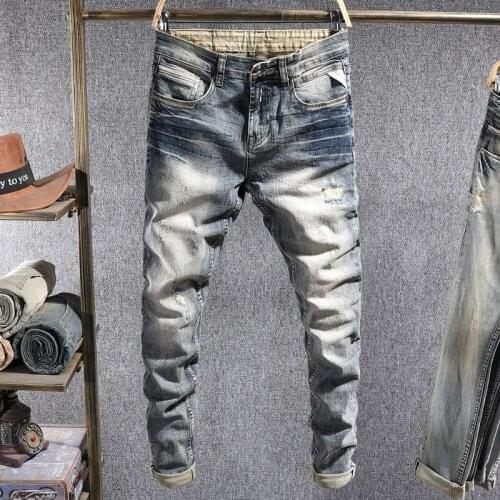 European Vintage Fashion Men Jeans Retro Distressed Washed Slim Ripped Jeans Men Streetwear Designer Elastic Casual Denim Pants