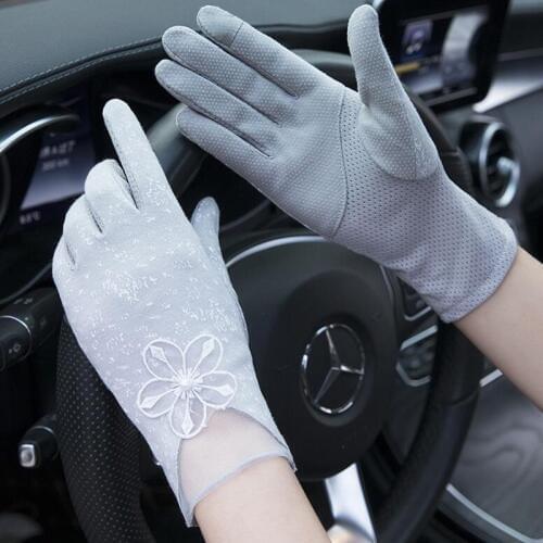 Elegant Women Cotton Full Finger Anti-UV Touch Screen Gloves Summer Ice Silk Sunscreen Driving Gloves Thin Lace Flower Glove K19