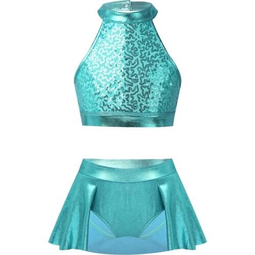 Girls Jazz Dance Costume Sleevless Shiny Sequin Crop Tops Gymnastics Leotard Skirt Sets Kids Metallic Stage Performance Outfits