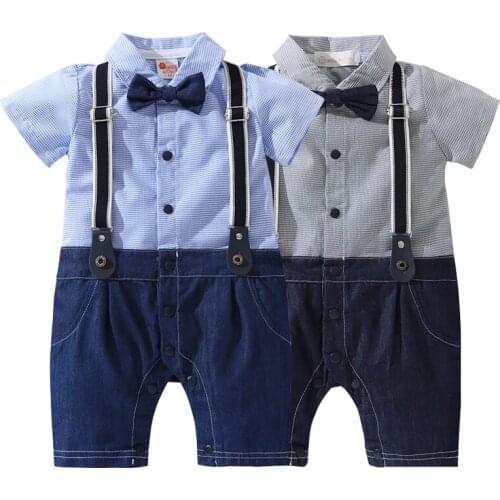 Summer Cotton Thin Short-sleeved Jumpsuit for 6-18 Months Babies Plaid Detachable Strap and Bow Tie Cotton Boy Rompers